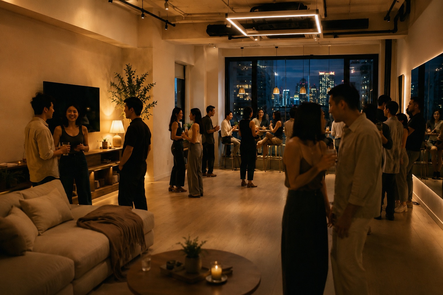 Evening at Meet Me Tomorrow — people talking in the studio, warm lamplight, Hong Kong skyline through the window